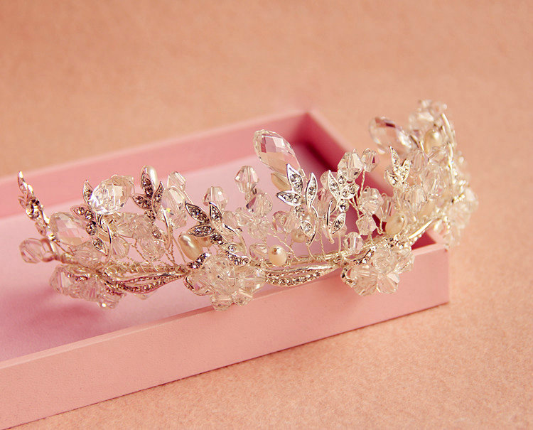 High Grade Bridal Sliver Crystal Beads Pearl Wedding Crown Women Hairbands Accessories
