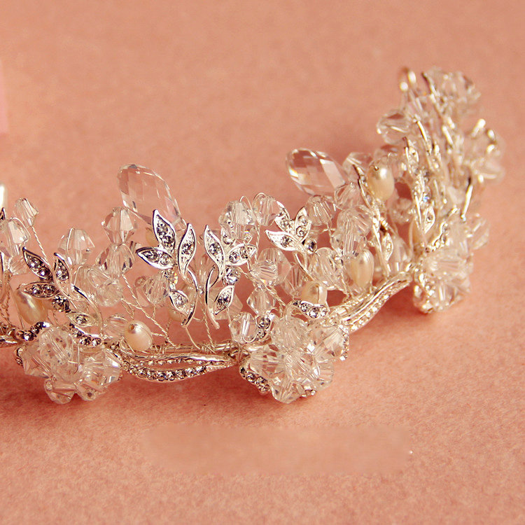 High Grade Bridal Sliver Crystal Beads Pearl Wedding Crown Women Hairbands Accessories