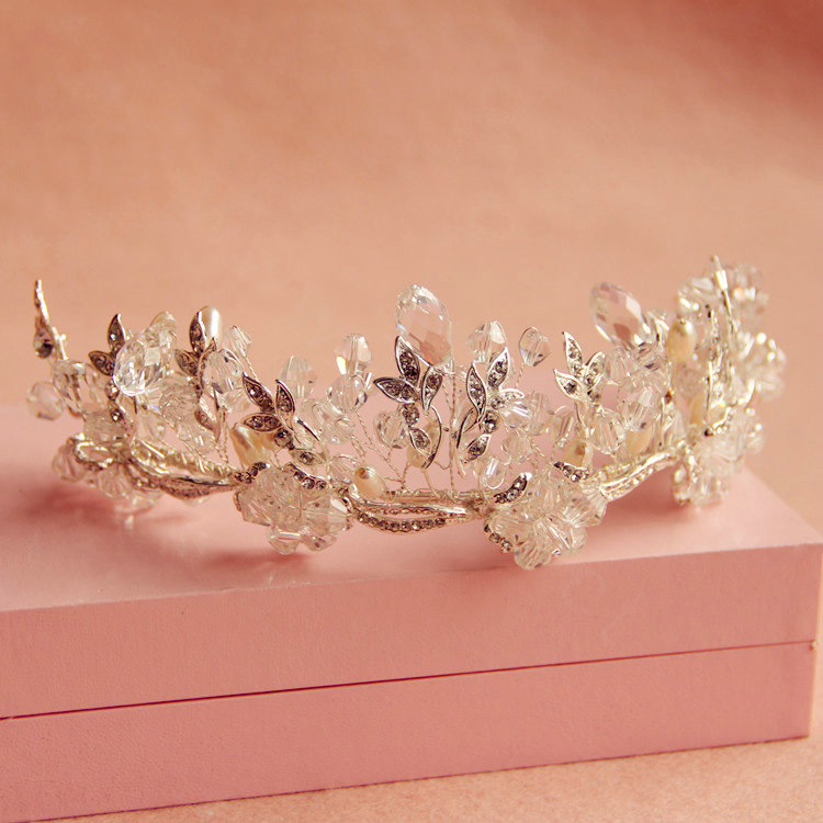 High Grade Bridal Sliver Crystal Beads Pearl Wedding Crown Women Hairbands Accessories
