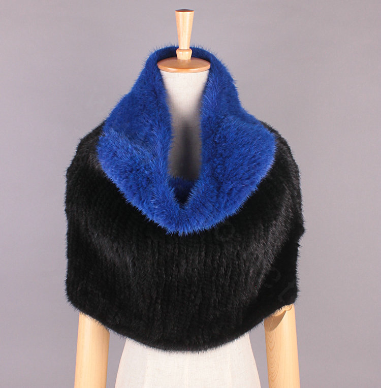 High Grade Knitted Genuine Mink Fur Large Collar Scarf Women Winter Thick Fur Wraps - Black Blue