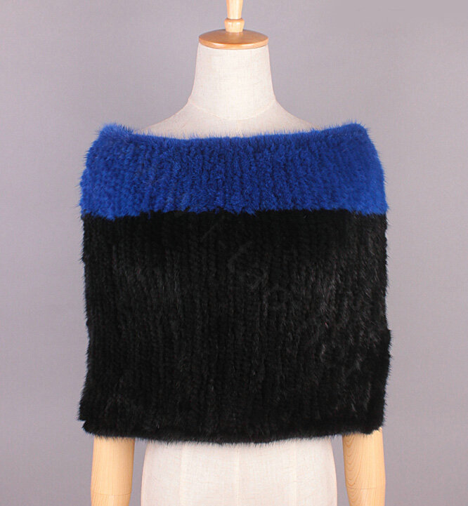 High Grade Knitted Genuine Mink Fur Large Collar Scarf Women Winter Thick Fur Wraps - Black Blue