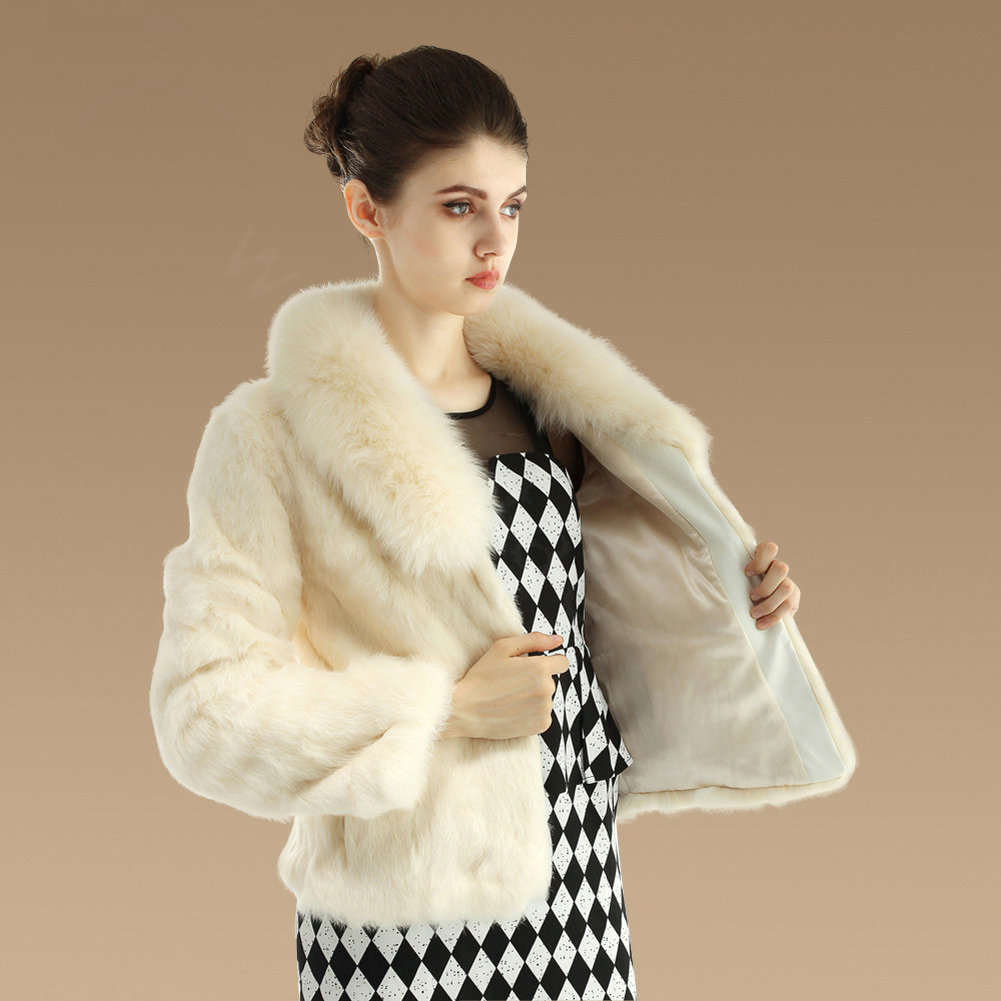 High Quality Genuine Rabbit Fur Coat With Fox Fur Collar Fashion Women Fur Outwear - Beige