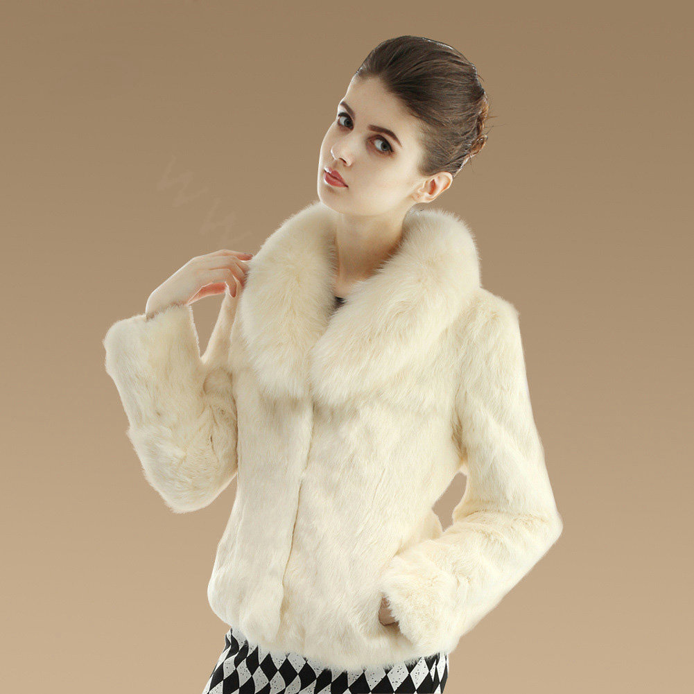 High Quality Genuine Rabbit Fur Coat With Fox Fur Collar Fashion Women Fur Outwear - Beige