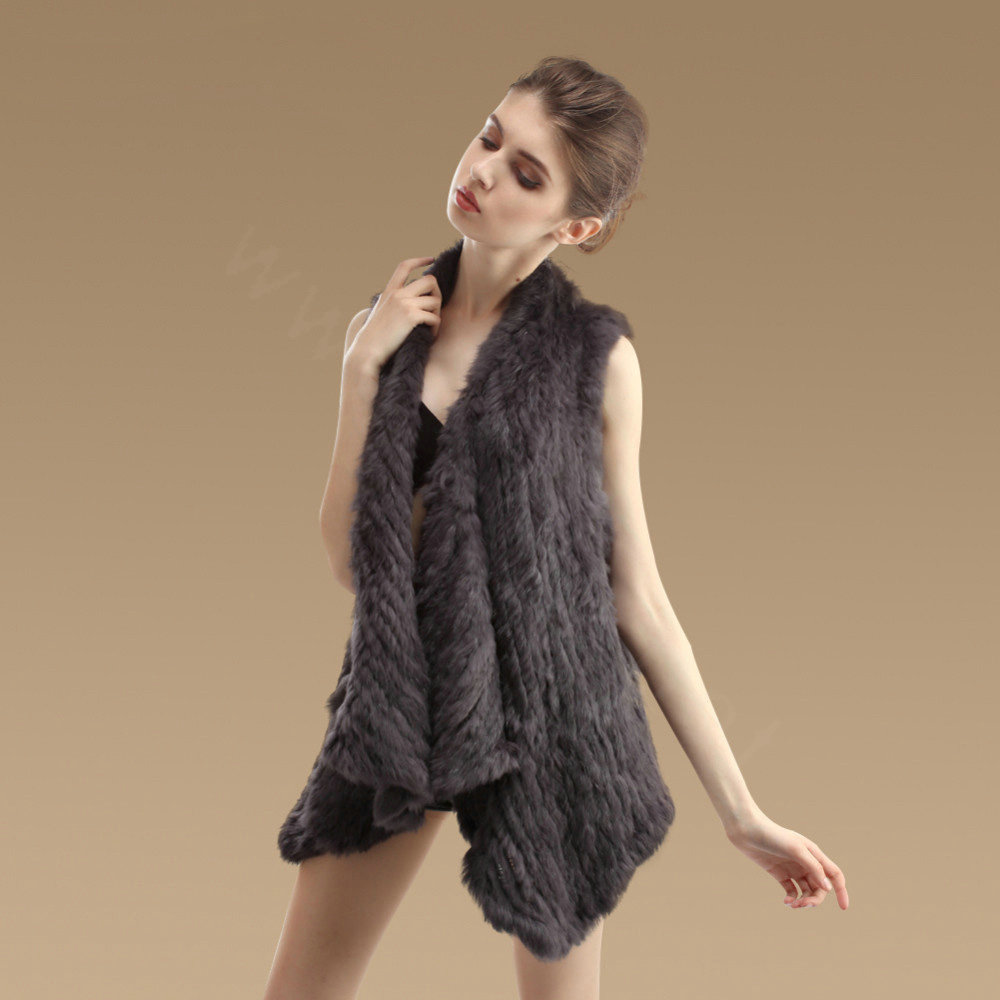 High Quality Gorgeous Natural Rabbit Fur Vests Women Irregular Knitted Rabbit Fur Waistcoat - Dark Grey