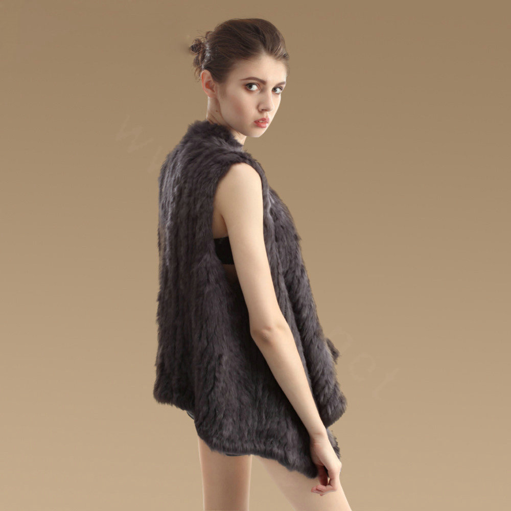 High Quality Gorgeous Natural Rabbit Fur Vests Women Irregular Knitted Rabbit Fur Waistcoat - Dark Grey