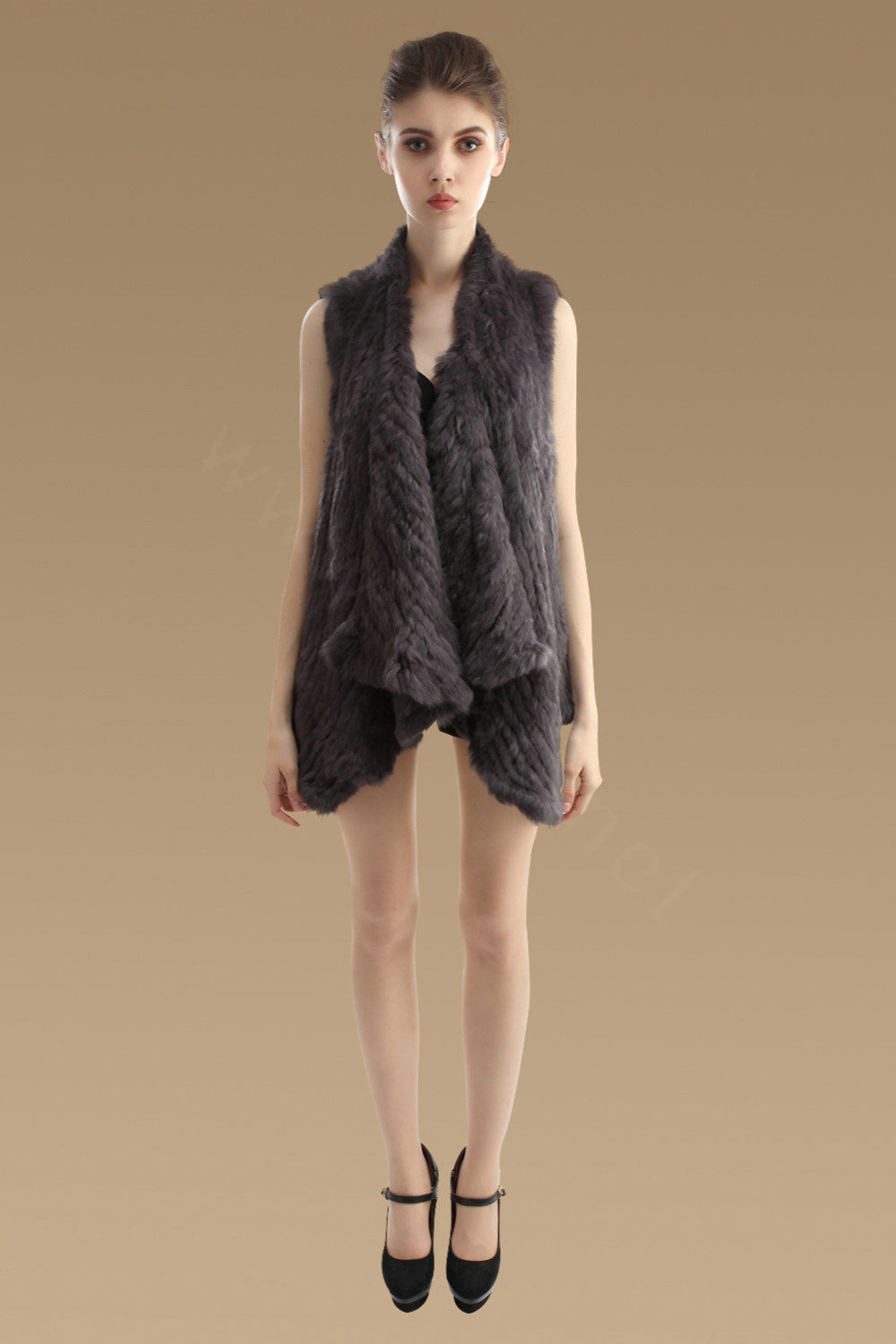 High Quality Gorgeous Natural Rabbit Fur Vests Women Irregular Knitted Rabbit Fur Waistcoat - Dark Grey