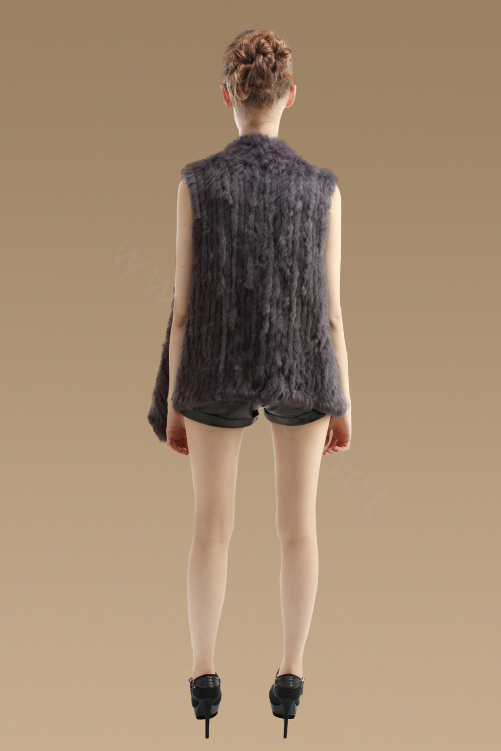 High Quality Gorgeous Natural Rabbit Fur Vests Women Irregular Knitted Rabbit Fur Waistcoat - Dark Grey