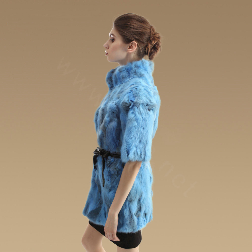 High Quality Natural Rabbit Fur Coat Women Fashion Long Stand Collar Fur Outerwear - Blue