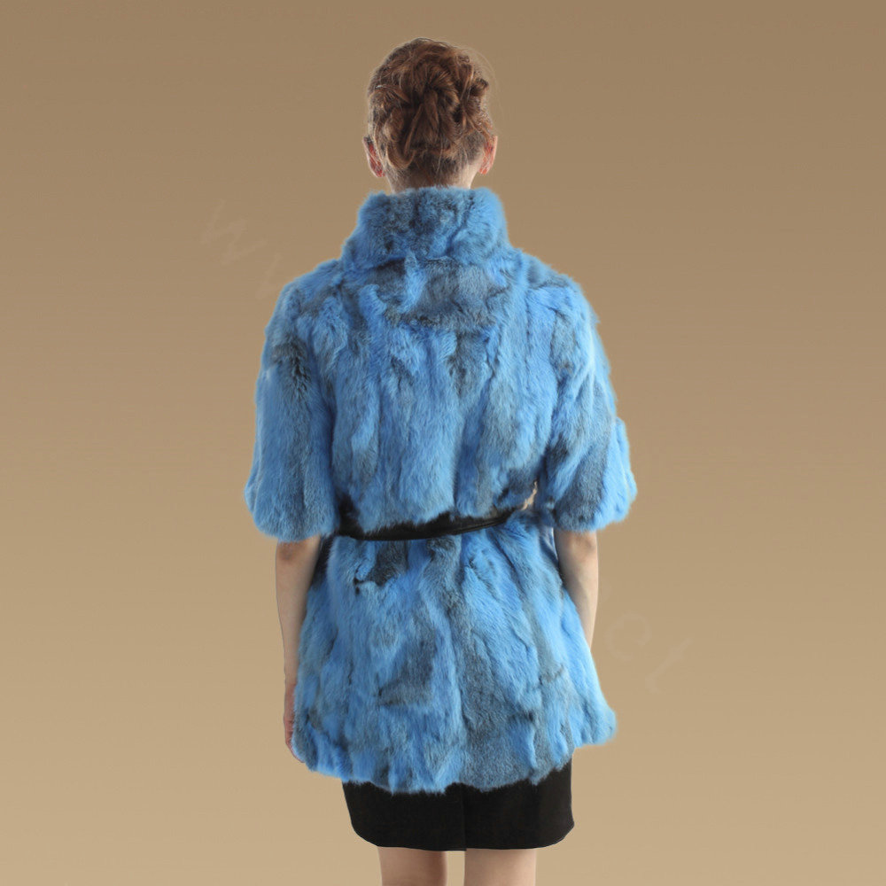 High Quality Natural Rabbit Fur Coat Women Fashion Long Stand Collar Fur Outerwear - Blue