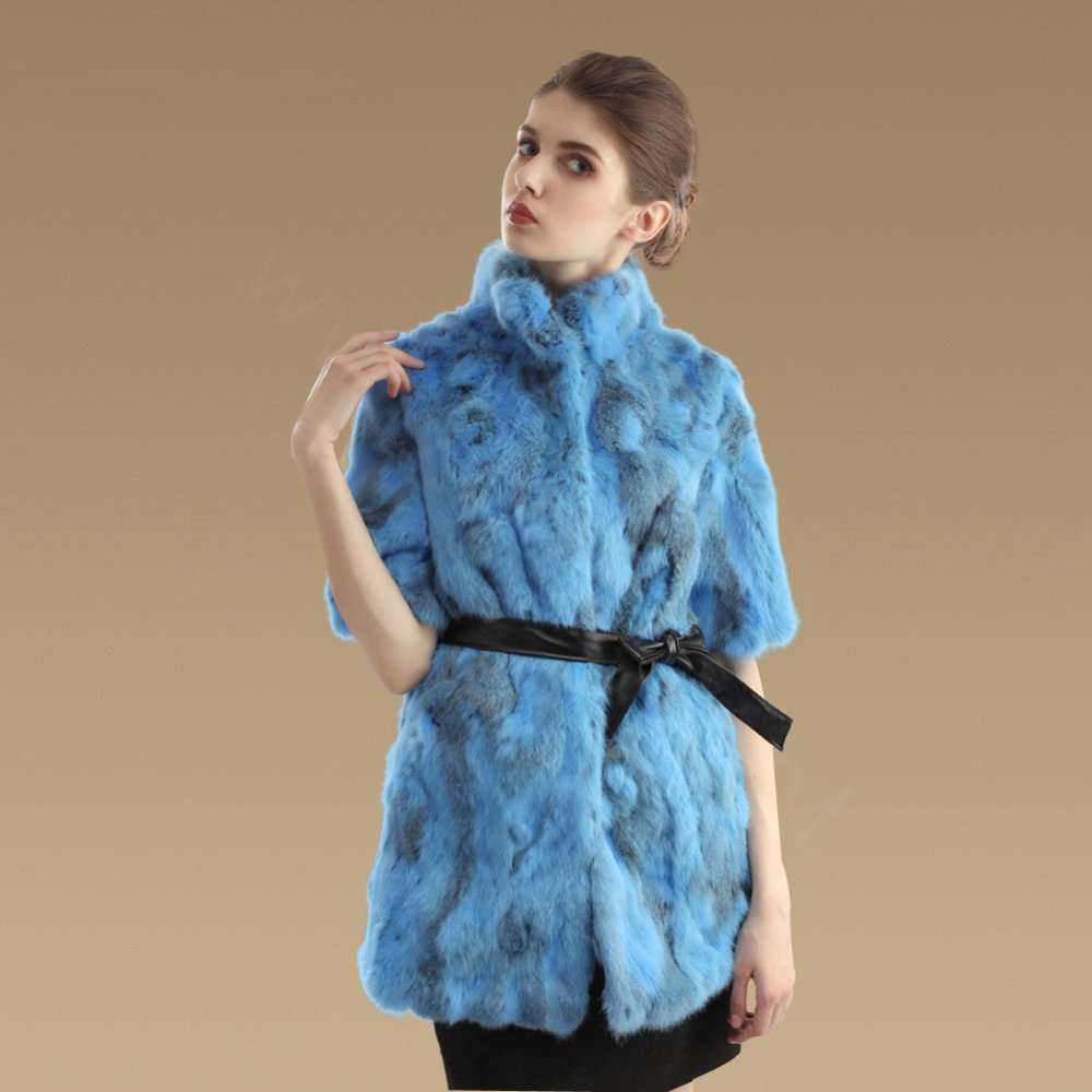 High Quality Natural Rabbit Fur Coat Women Fashion Long Stand Collar Fur Outerwear - Blue