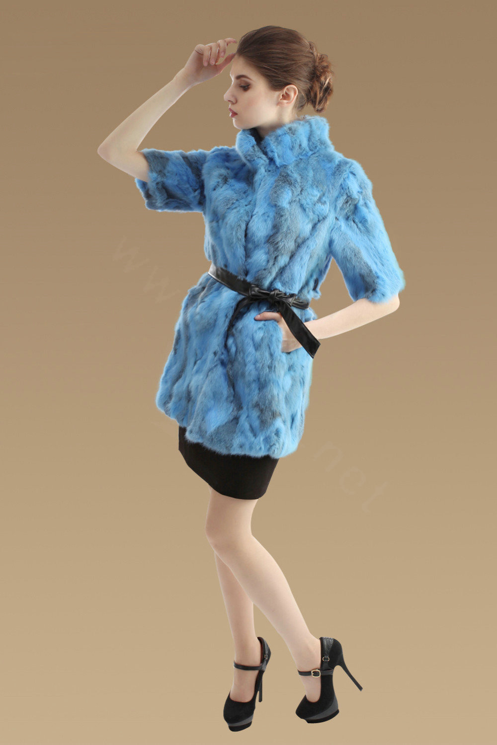 High Quality Natural Rabbit Fur Coat Women Fashion Long Stand Collar Fur Outerwear - Blue