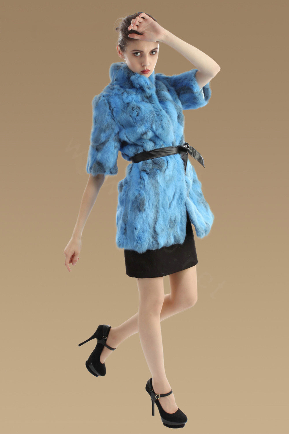 High Quality Natural Rabbit Fur Coat Women Fashion Long Stand Collar Fur Outerwear - Blue
