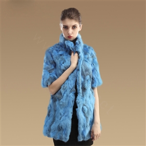 High Quality Natural Rabbit Fur Coat Women Fashion Long Stand Collar Fur Outerwear - Blue