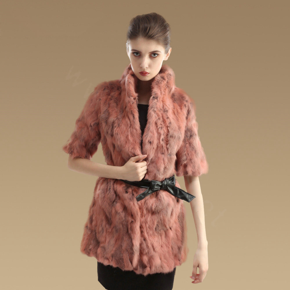 High Quality Natural Rabbit Fur Coat Women Fashion Long Stand Collar Fur Outerwear - Pink