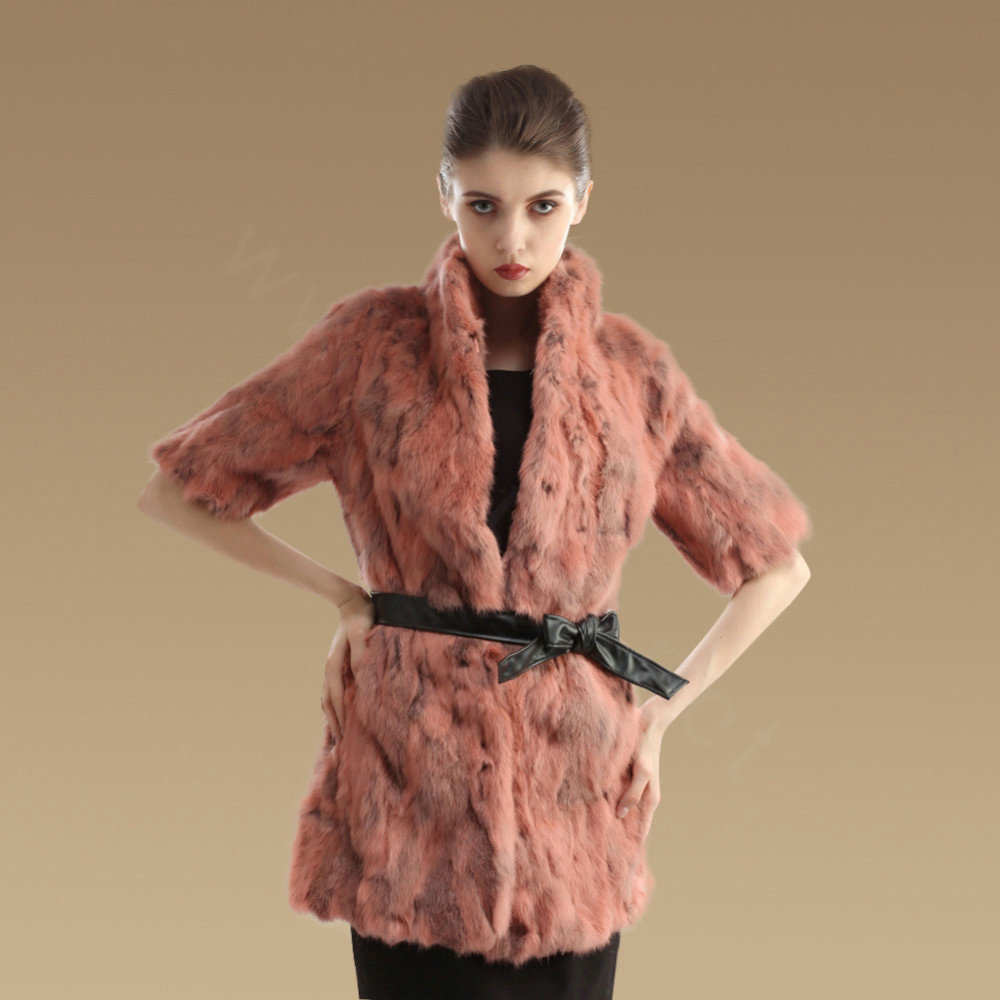 High Quality Natural Rabbit Fur Coat Women Fashion Long Stand Collar Fur Outerwear - Pink