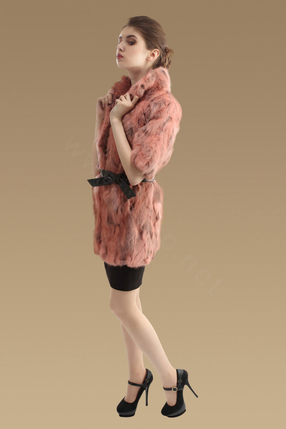 High Quality Natural Rabbit Fur Coat Women Fashion Long Stand Collar Fur Outerwear - Pink