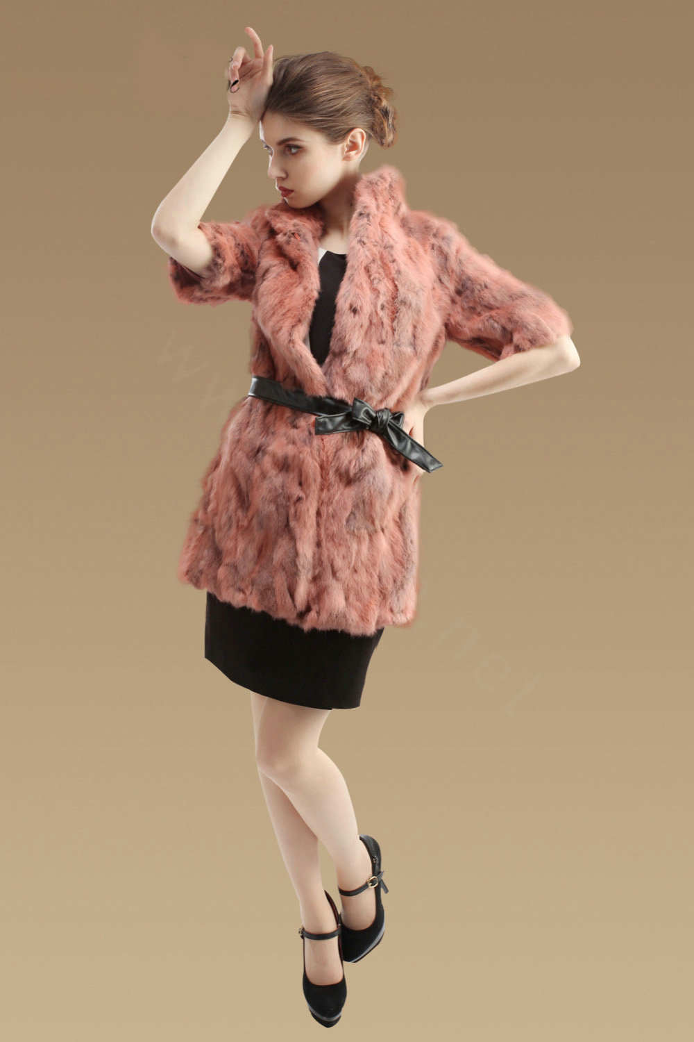 High Quality Natural Rabbit Fur Coat Women Fashion Long Stand Collar Fur Outerwear - Pink