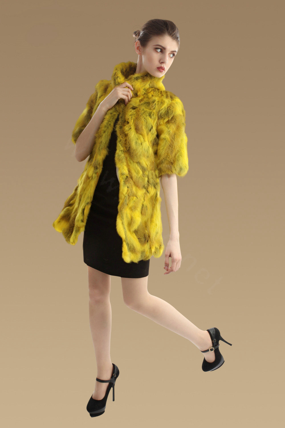 High Quality Natural Rabbit Fur Coat Women Fashion Long Stand Collar Fur Outerwear - Yellow