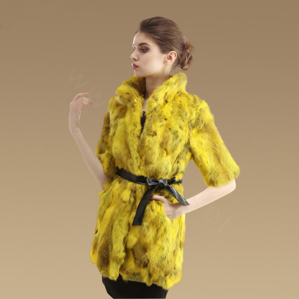 High Quality Natural Rabbit Fur Coat Women Fashion Long Stand Collar Fur Outerwear - Yellow
