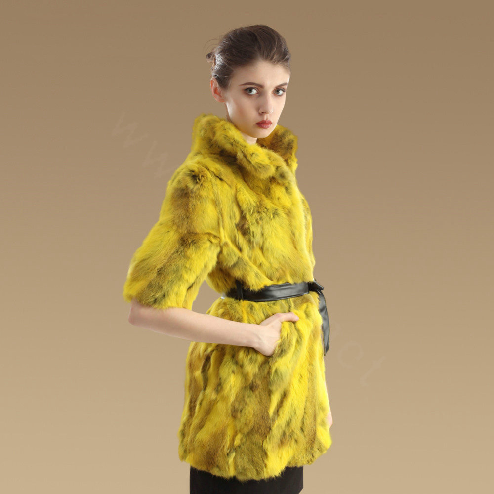 High Quality Natural Rabbit Fur Coat Women Fashion Long Stand Collar Fur Outerwear - Yellow