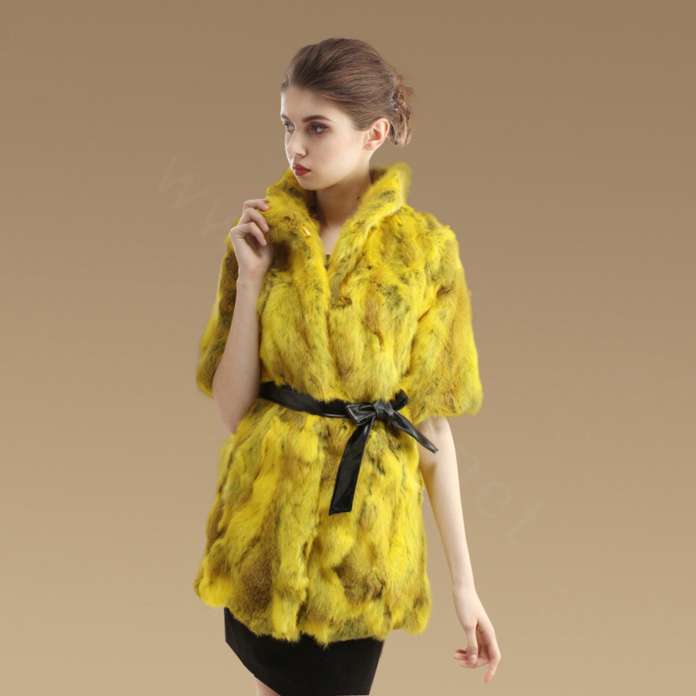 High Quality Natural Rabbit Fur Coat Women Fashion Long Stand Collar Fur Outerwear - Yellow