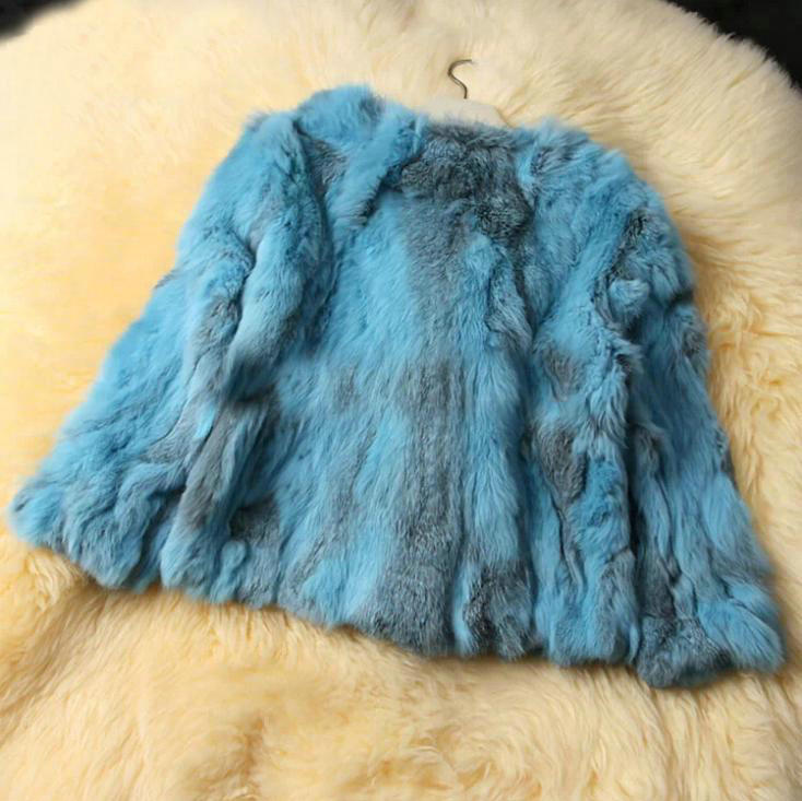 High Quality Natural Rabbit Fur Coat Women Fashion Short Warm Fur Outerwear - Blue