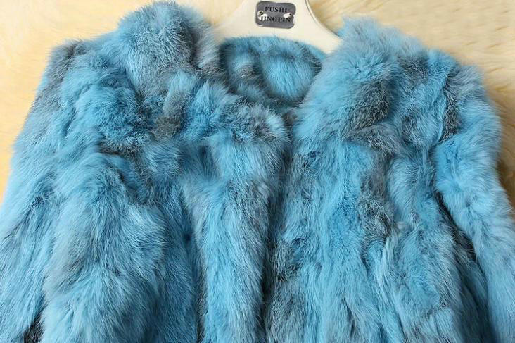High Quality Natural Rabbit Fur Coat Women Fashion Short Warm Fur Outerwear - Blue