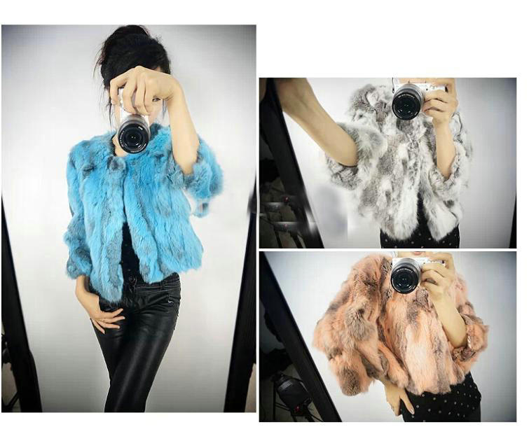 High Quality Natural Rabbit Fur Coat Women Fashion Short Warm Fur Outerwear - Blue