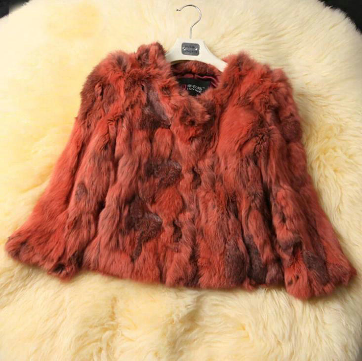 High Quality Natural Rabbit Fur Coat Women Fashion Short Warm Fur Outerwear - Orange