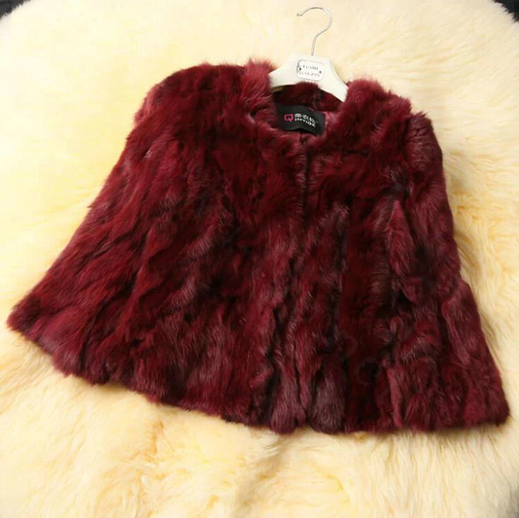 High Quality Natural Rabbit Fur Coat Women Fashion Short Warm Fur Outerwear - Wine Red