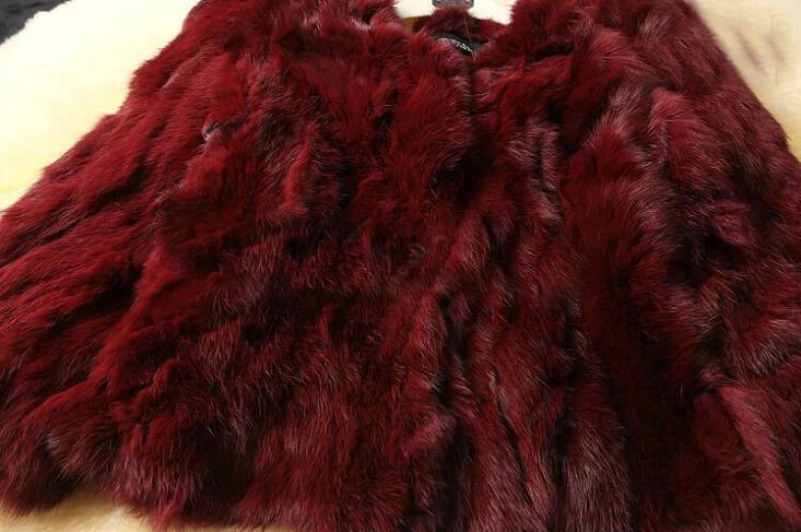 High Quality Natural Rabbit Fur Coat Women Fashion Short Warm Fur Outerwear - Wine Red