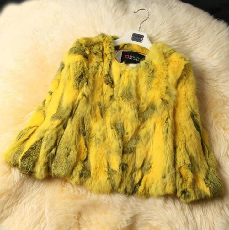 High Quality Natural Rabbit Fur Coat Women Fashion Short Warm Fur Outerwear - Yellow