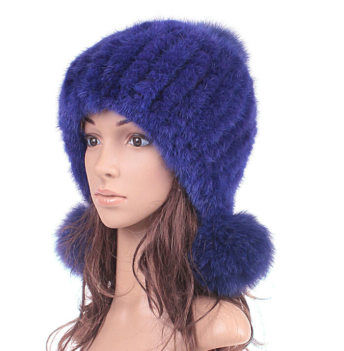 High Quality Real Mink Fur Hat With Fox Fur Balls Women Winter Knitted Beanies Dome Caps - Blue