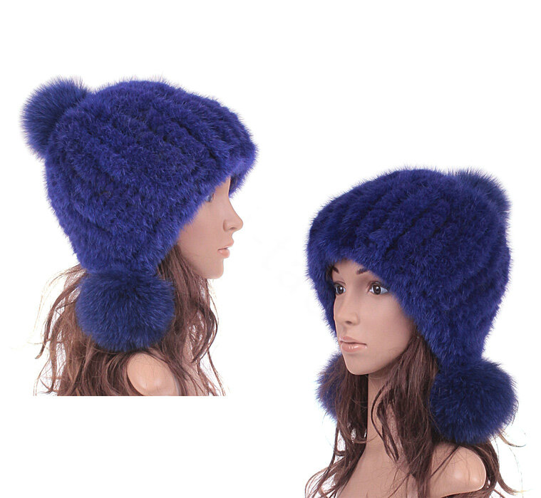 High Quality Real Mink Fur Hat With Fox Fur Balls Women Winter Knitted Beanies Dome Caps - Blue