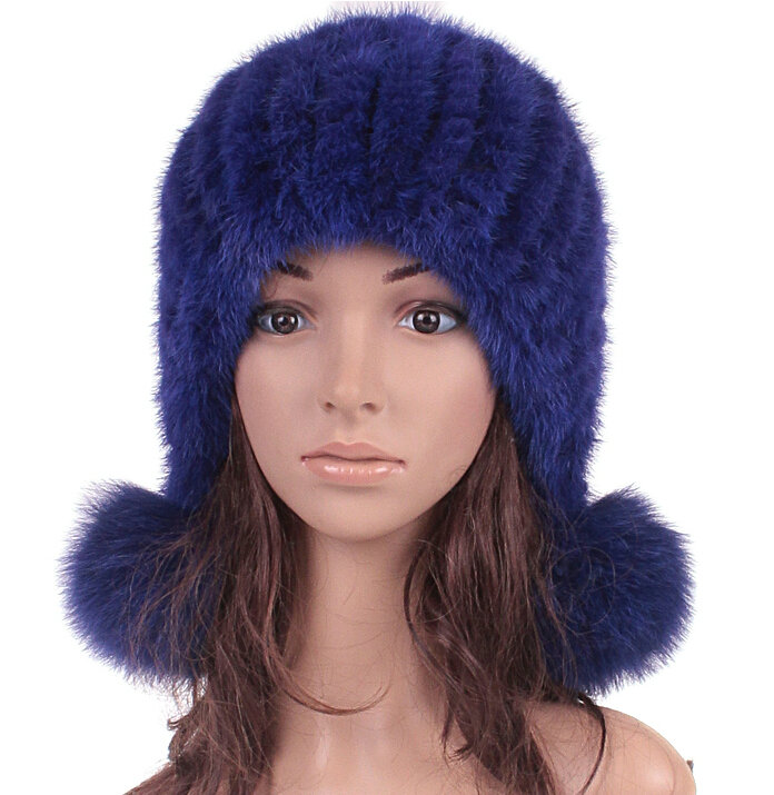 High Quality Real Mink Fur Hat With Fox Fur Balls Women Winter Knitted Beanies Dome Caps - Blue