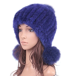 High Quality Real Mink Fur Hat With Fox Fur Balls Women Winter Knitted Beanies Dome Caps - Blue