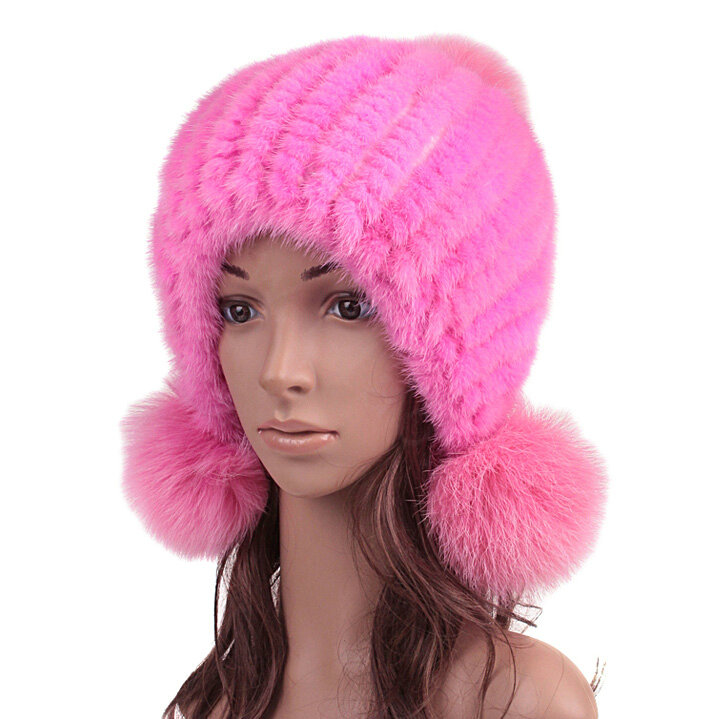 High Quality Real Mink Fur Hat With Fox Fur Balls Women Winter Knitted Beanies Dome Caps - Pink
