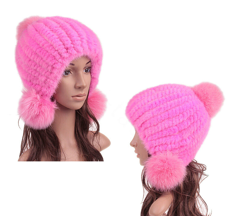 High Quality Real Mink Fur Hat With Fox Fur Balls Women Winter Knitted Beanies Dome Caps - Pink