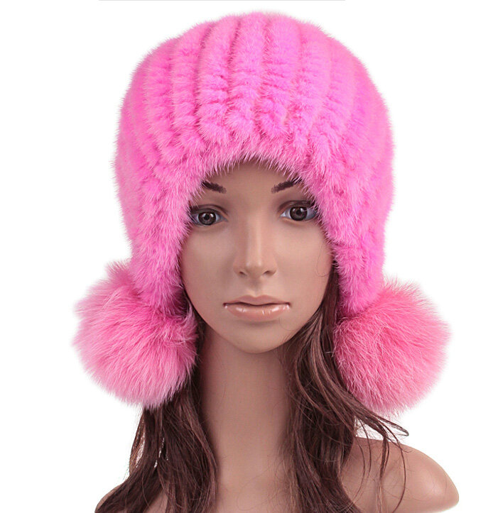 High Quality Real Mink Fur Hat With Fox Fur Balls Women Winter Knitted Beanies Dome Caps - Pink