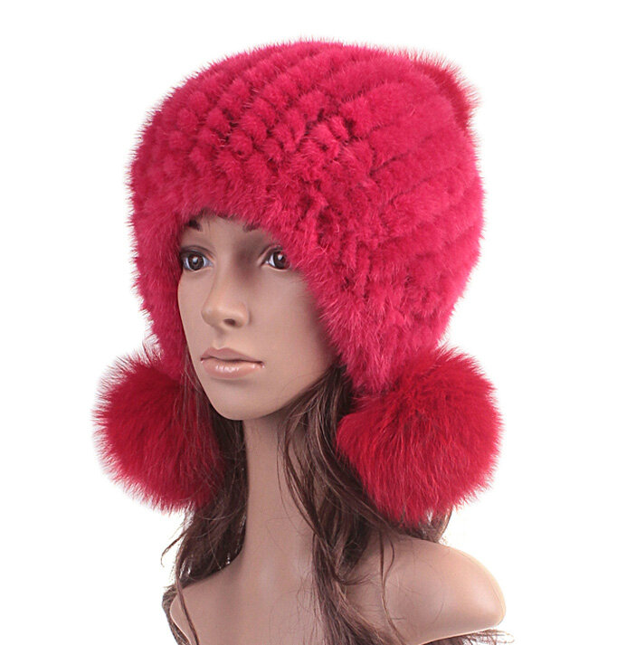 High Quality Real Mink Fur Hat With Fox Fur Balls Women Winter Knitted Beanies Dome Caps - Pure Red