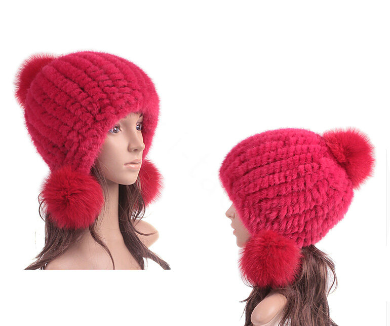 High Quality Real Mink Fur Hat With Fox Fur Balls Women Winter Knitted Beanies Dome Caps - Pure Red