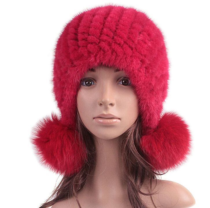 High Quality Real Mink Fur Hat With Fox Fur Balls Women Winter Knitted Beanies Dome Caps - Pure Red