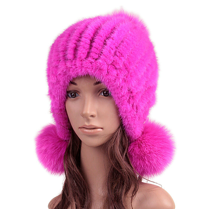 High Quality Real Mink Fur Hat With Fox Fur Balls Women Winter Knitted Beanies Dome Caps - Pure Rose