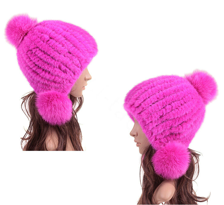 High Quality Real Mink Fur Hat With Fox Fur Balls Women Winter Knitted Beanies Dome Caps - Pure Rose