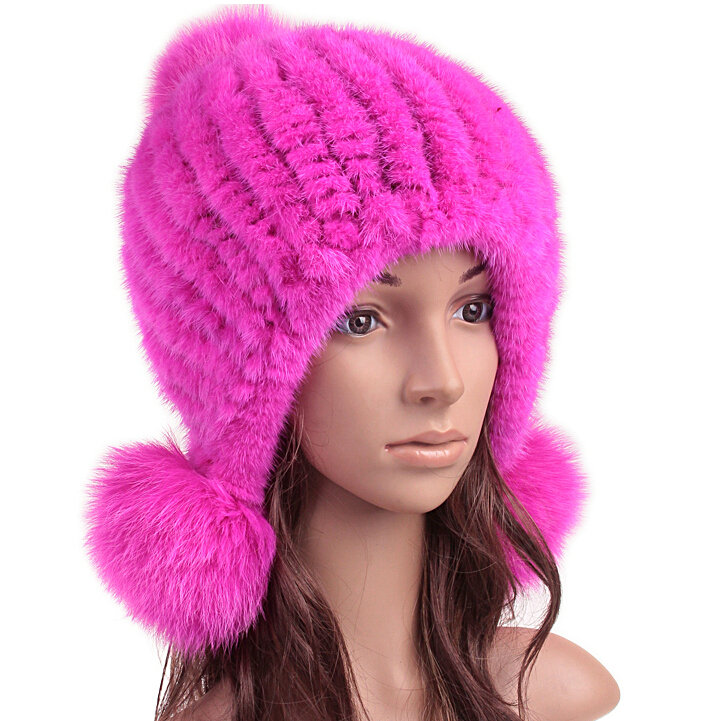 High Quality Real Mink Fur Hat With Fox Fur Balls Women Winter Knitted Beanies Dome Caps - Pure Rose
