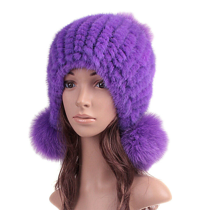 High Quality Real Mink Fur Hat With Fox Fur Balls Women Winter Knitted Beanies Dome Caps - Purple