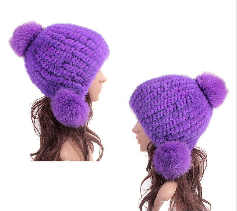 High Quality Real Mink Fur Hat With Fox Fur Balls Women Winter Knitted Beanies Dome Caps - Purple