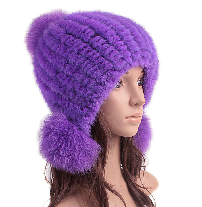 High Quality Real Mink Fur Hat With Fox Fur Balls Women Winter Knitted Beanies Dome Caps - Purple