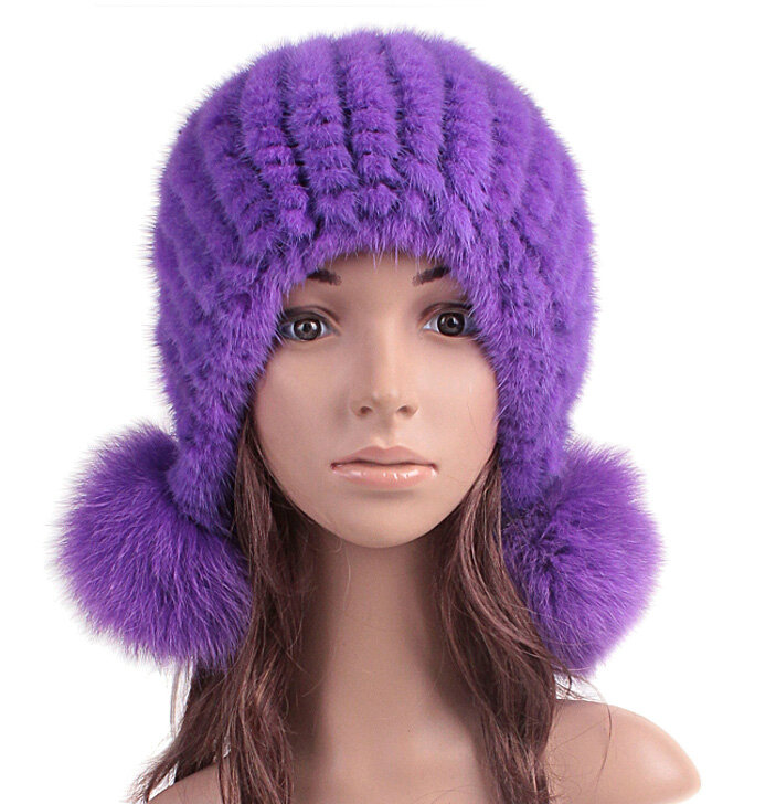 High Quality Real Mink Fur Hat With Fox Fur Balls Women Winter Knitted Beanies Dome Caps - Purple