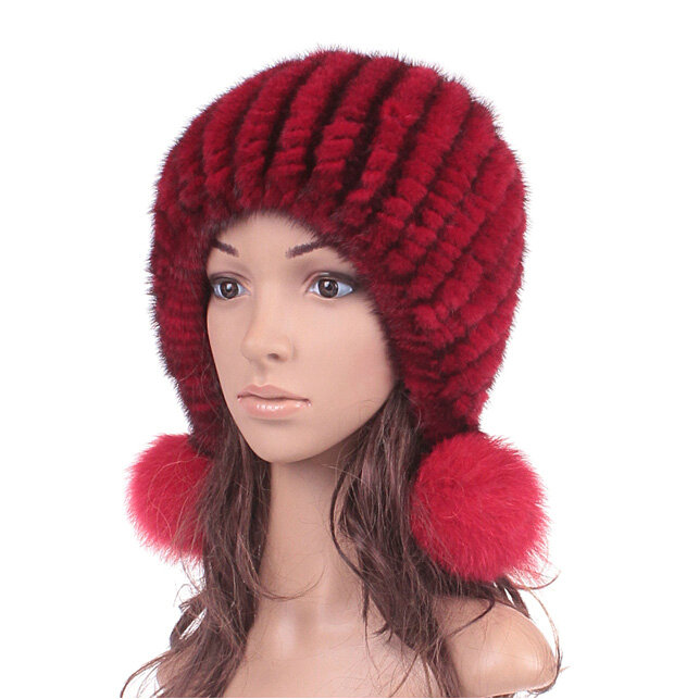 High Quality Real Mink Fur Hat With Fox Fur Balls Women Winter Knitted Beanies Dome Caps - Red